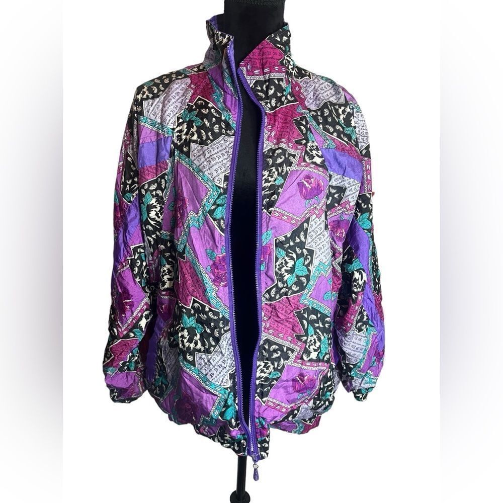 VINTAGE 80s/90s RAFEAL COLOR BLOCK‎ PRINTED WINDBREAKER JACKET WOMENS SIZE LARGE - Picture 4 of 12
